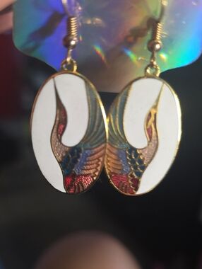 Vintage White Enamel Swan Drop Earrings with Multicolor Accents